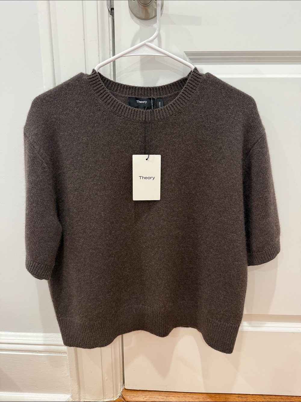 Theory Chocolate Brown Short-Sleeve Cashmere Crewneck Sweater